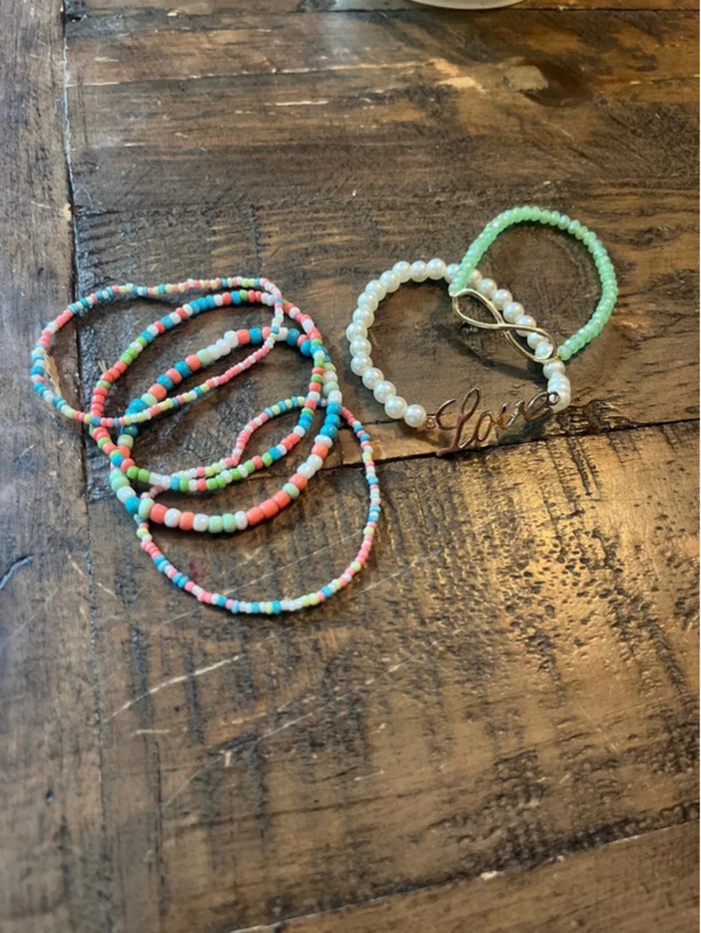 Boho Beaded Bracelet Set of 6 Seed Beads, Pearl "Love" & Infinity Charm kids